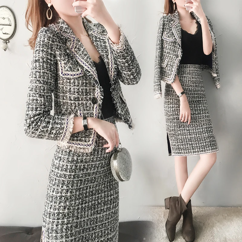 Зимний новый элегантный женский твидовый костюм с юбкой шерстяной пиджак и юбка