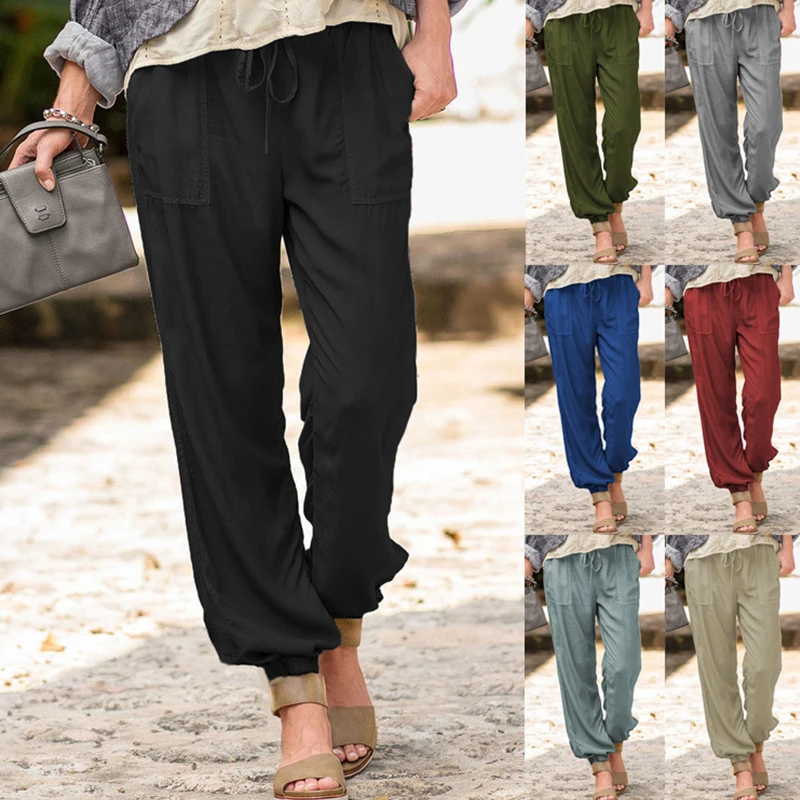 

Fashion Women's Cotton Linen Drawstring Loose Wide-Leg Pants Spring Autumn Noble Temperament Hot Sale Long Trousers With Pocket