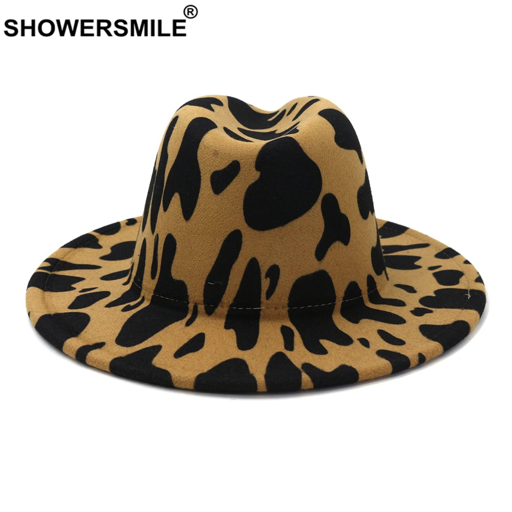 

SHOWERSMILE Fedora Hat Women Panama Cow Grain Wool Felt Fedora Hats Autumn Winter Brand Ladies Wide Brim Party Trilby Jazz Cap