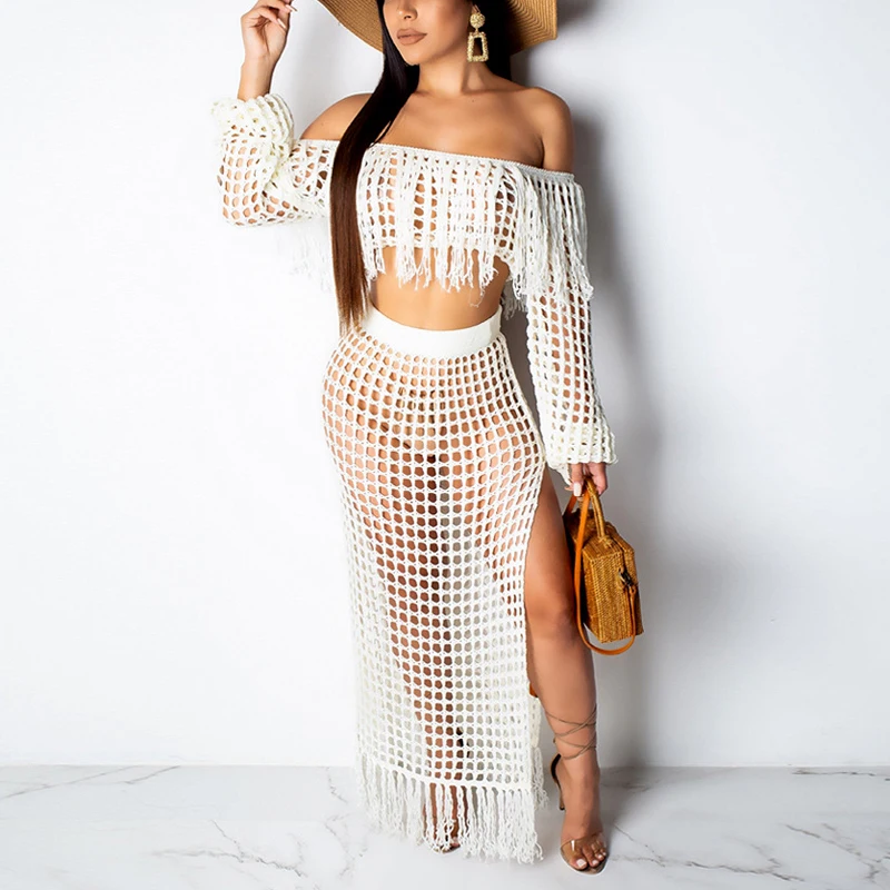 Женские летние макси комплекты из двух предметов сексуальные ажурные сетчатые