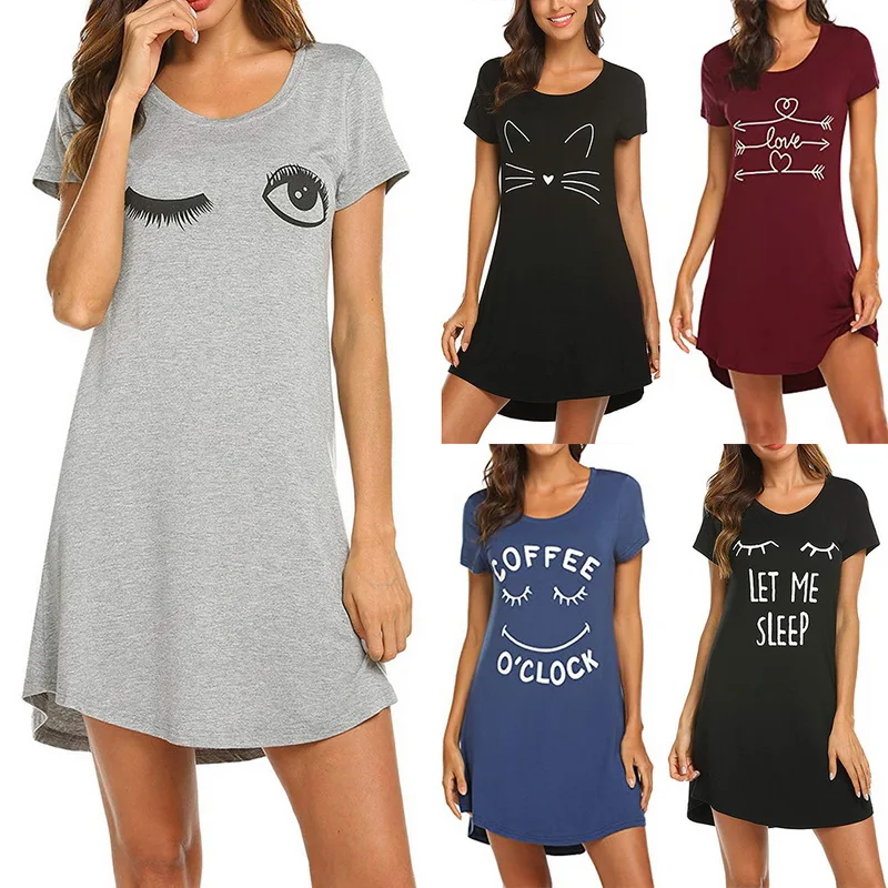 

2020 Women Letter Nightgowns And Sleepshirts Sleepwear Cute Sleep Shirt Printed Night Dress Short Sleeve Nightwear
