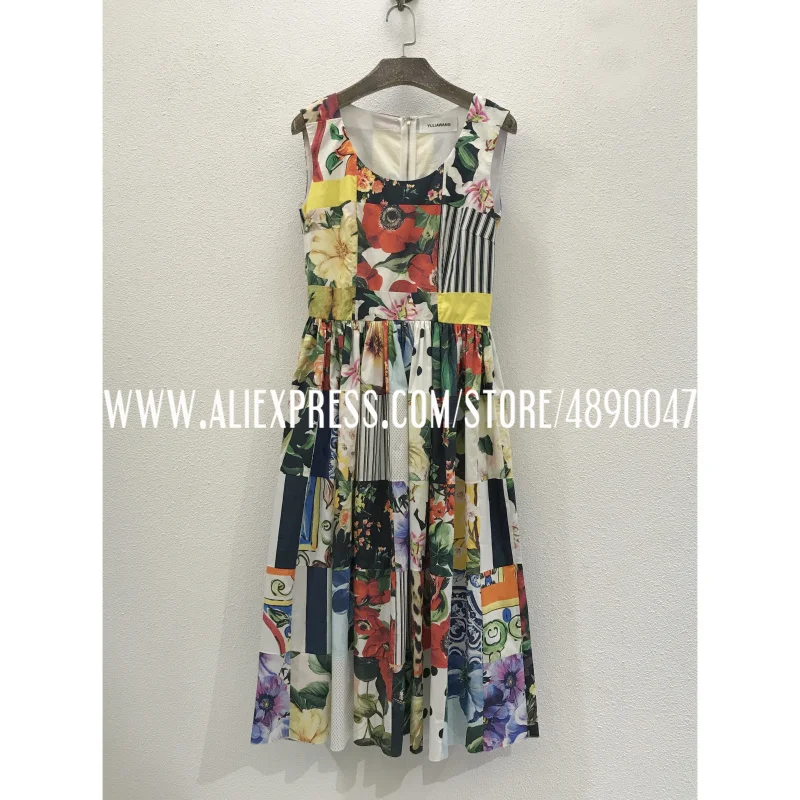 

2021 spring summer new women's printed cotton large round neck sleeveless vest dress holiday style large swing A-line dress