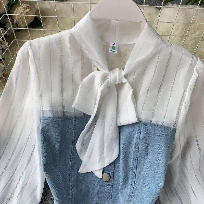 Женское шифоновое джинсовое платье короткое платье-блуза с длинным рукавом