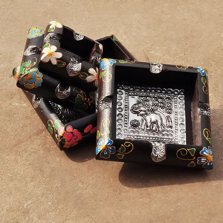 

Thai crafts wooden creative ashtray square solid wood painted flower ashtray smoking tray