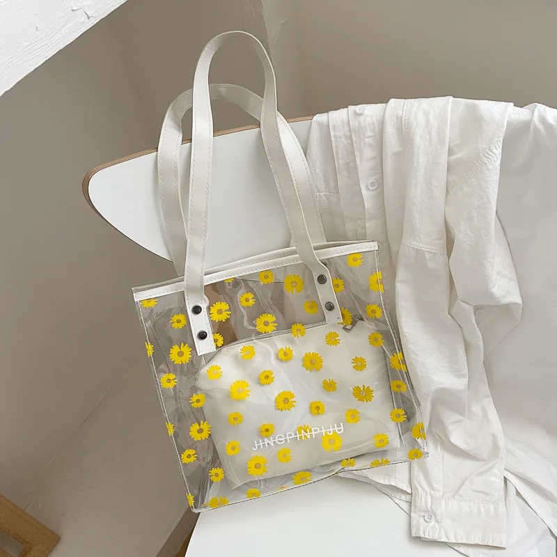 

Women Shoulder Bag Daisy Transparent Handbag Popular Designer Fashion Lady Large Capacity Handle Bag Travel Shopping Package