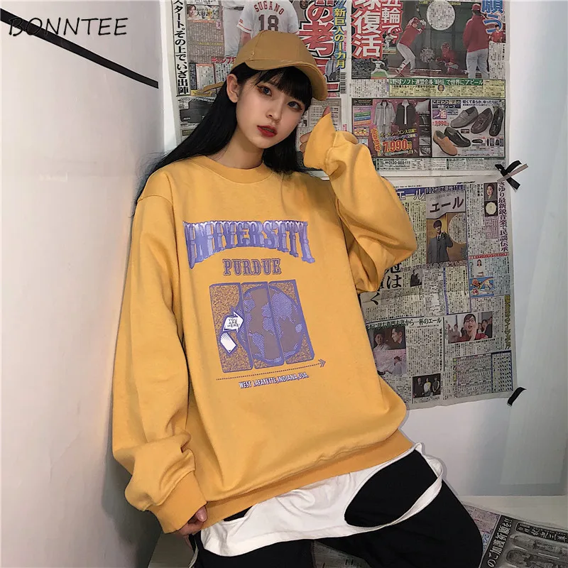 

Hoodies Women Printed Leisure Chic O-neck Loose Winter Thickening Winter Outwear High Street All-match Korean Style Hip-hop New