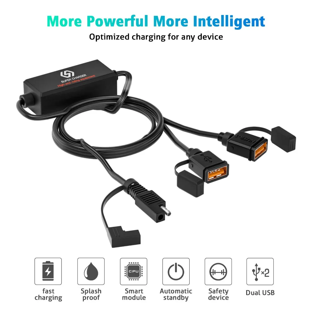 

Зарядное устройство SAE с двумя USB-портами для мотоцикла, 2021, адаптер для быстрой зарядки, умный чип, 10 А, предохранитель, зарядка для телефона, ...