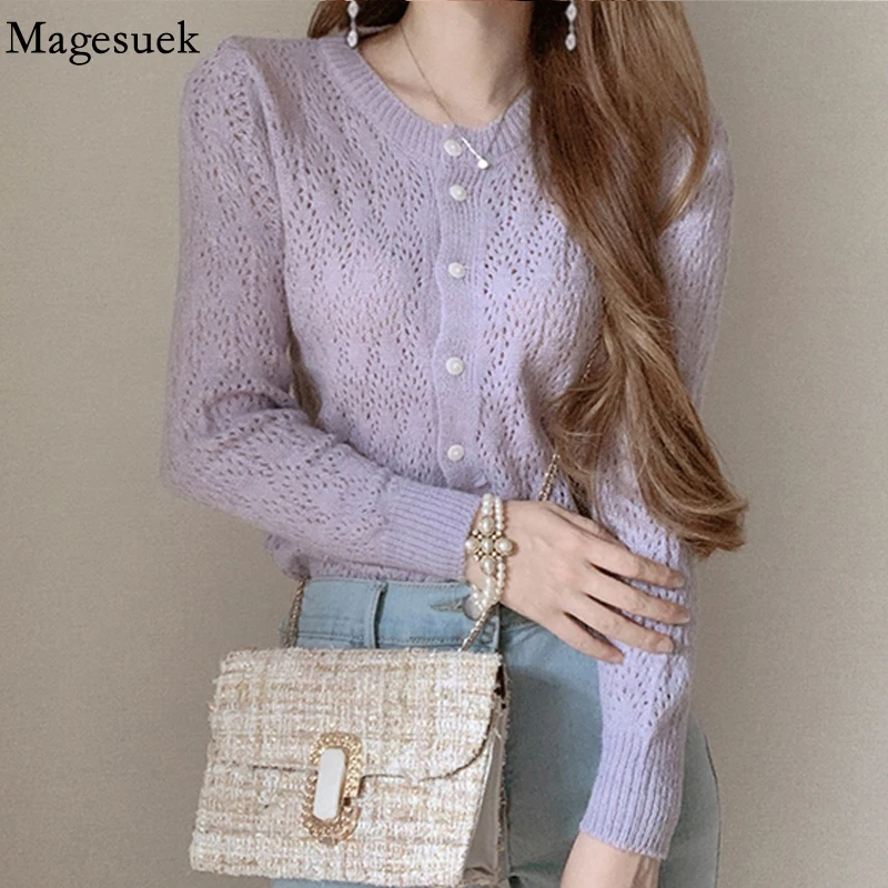 

Autumn Cardigan Women Sweater Korean Fashion Hollow Out Knitted Sweater Soft Round Neck Elegant Solid Knitwear Full Femme 18006