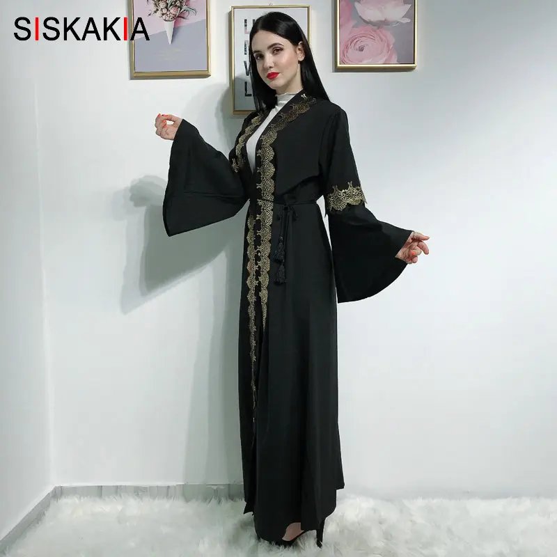 Siskakia мусульманское платье абайя черное Горячее тиснение печать открытые платья для женщин Арабский Кимоно размера плюс расклешенный рукав с поясом