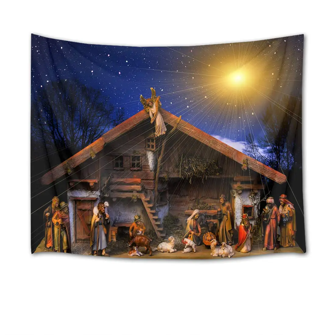 Tapiz de cielo estrellado de Navidad, Escena de pesebre de Jes&uacute;s, Natividad, mantas de pared-0