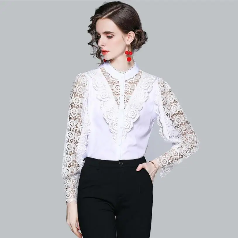 

New Stand-up Collar Crochet Hollow Lace Stitching Bottoming Thin Shirt 2021 Korean Style Long Sleeve Sexy Blouse Women w389