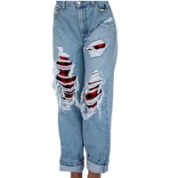 straight jeans ripped red plaid patchwork women denim pants causal tassel loose high waist all match female wide leg trousers