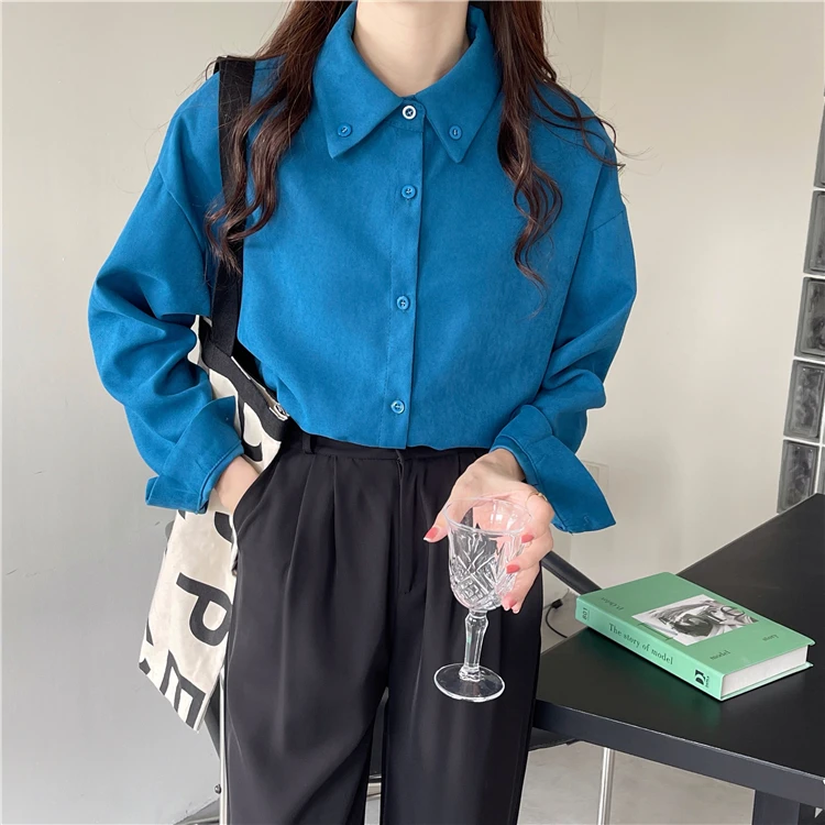 

2022 Women Spring Autumn Fashion Retro Long Sleeve Blouses Female Loose Solid Color Shirts Ladies Oversize Casual Shirts F78