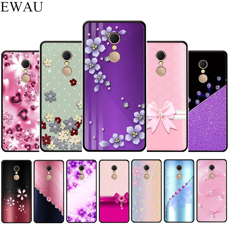 Силиконовый чехол для телефона с цветочным принтом и кристаллами EWAU Xiaomi Redmi Note 4 4X