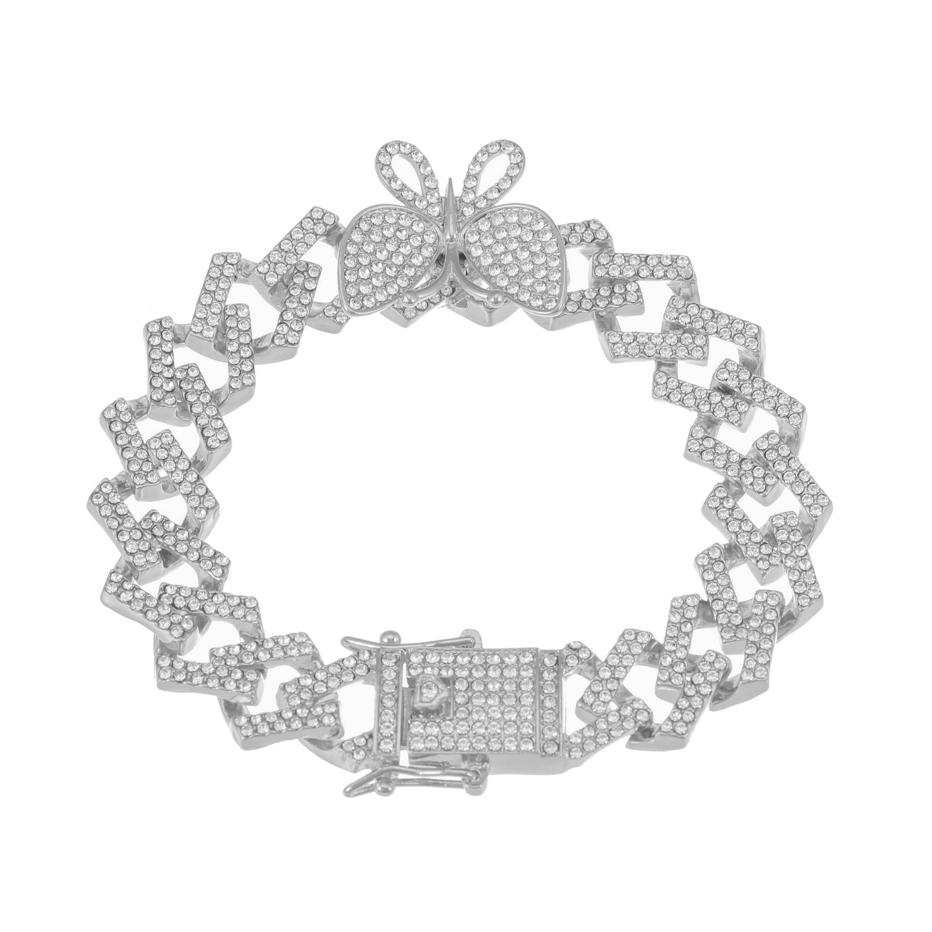 

Hip Hop 15MM Iced Out Paved Rhinestones 1Set Miami Curb Butterfly Cuban Chain CZ Bling Rapper Necklace Bracelet For Men Jewelry