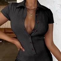 elegant woman jumpsuits turnover collar rompers one piece for women button breasted bodysuit sexy overalls shorts vamos todos