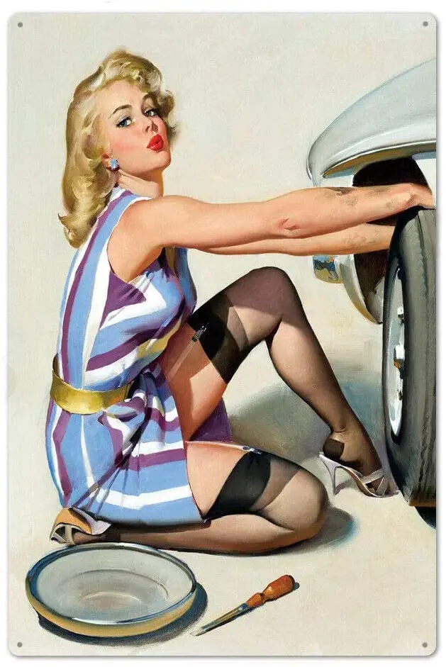 

AIDANDAN Wheel Repair Pin Up Sexy Girl 40s 50s Old Design Tin Signs Vintage Metal Tin Signs for Wall Art Decor for Home Bars