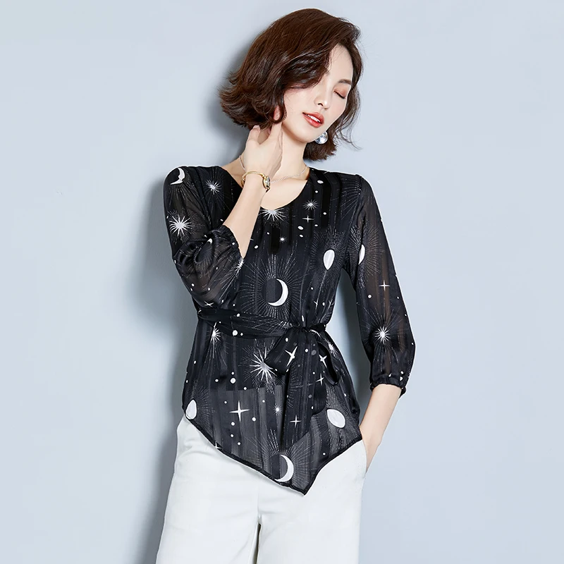 2021 Fashion Women Chiffon Blouses Seven-piece Sleeve V-neck Clothing Casual Bow Printed Elegant Tops 5434 50 | Женская одежда