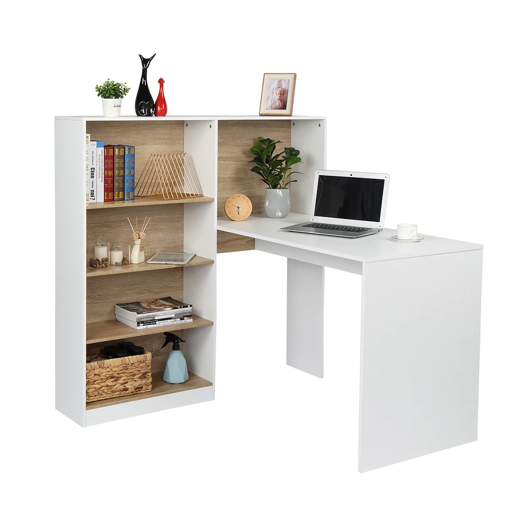 

Computer Desk PC Laptop Study Table Workstation with 4 Simple Bookshelf Particleboard Pasted Triamine Steel Frame White Wood