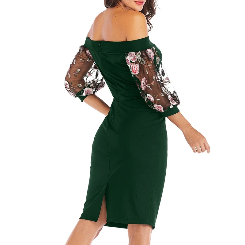 Women Sexy Slash neck Embroidery lace 3/4 sleeve Casual dress suit Lady Elegant work Office Knee-Length Party Pencil dress suit