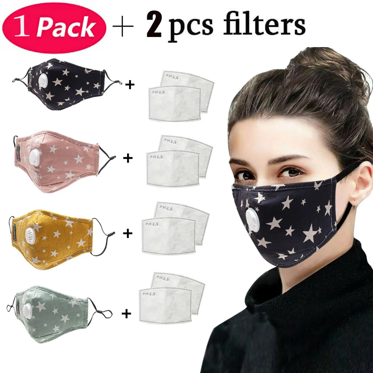 Маска PM2.5 для взрослых с фильтрацией воздуха мужчин и женщин хлопковая моющаяся