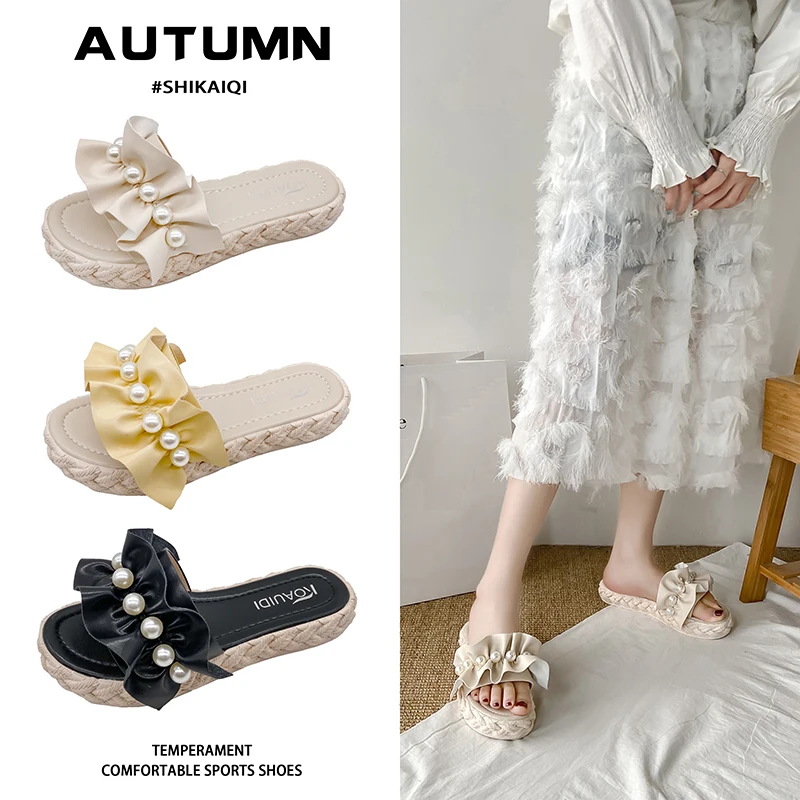 

Shoes Ladies' Slippers Luxury Slides String Bead Summer Clogs Woman Pantofle Designer Beach 2021 Flat PU Rubber Basic Fashion
