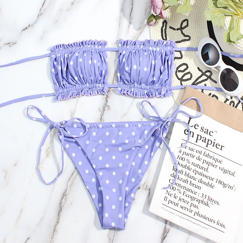 

Sexy Solid Bikini 2021 Women Pleated Bandeau Swimsuit Female Low Waist Swimwear Women Beach Thong Bikini Set Bathing Suit Swim