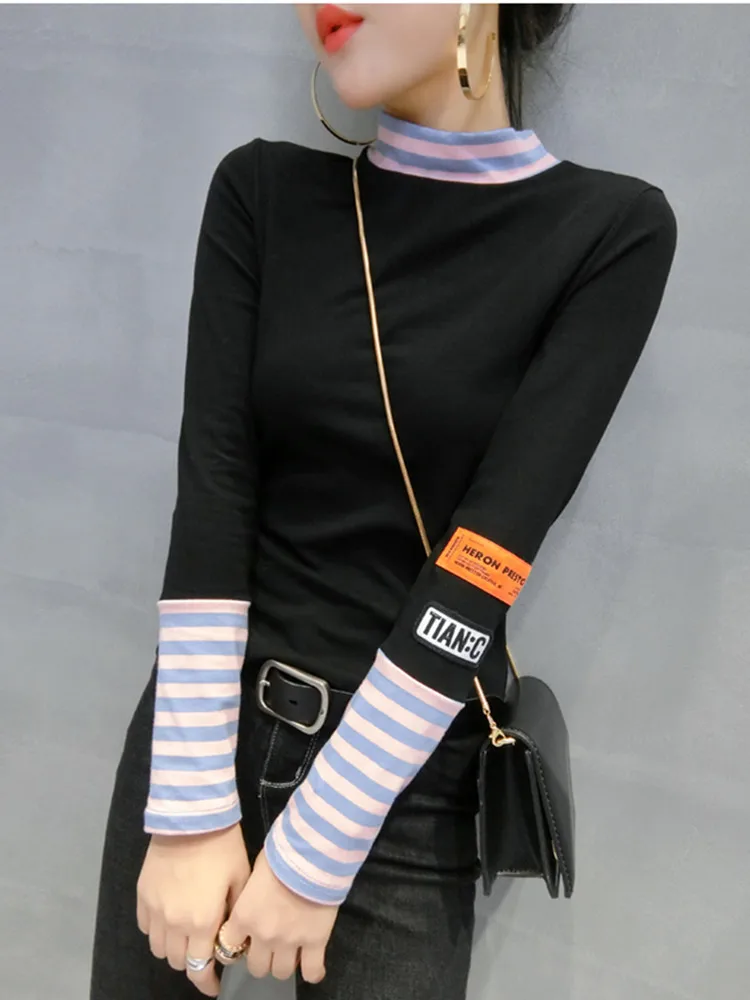 Осенне-зимняя футболка в Корейском стиле шикарное лоскутное Полосатое плотное