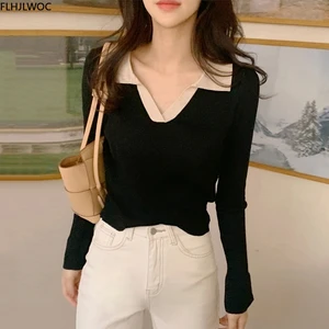 Милые хит продаж милые женские повседневные Лоскутные Вязанный свитер с V-образным вырезом O2959