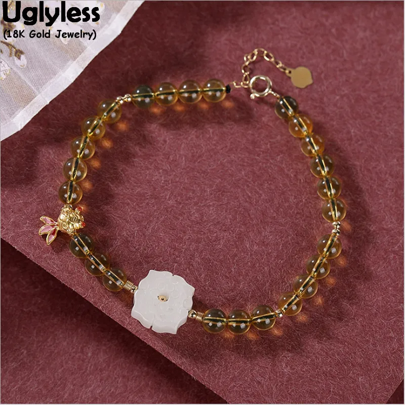 

Браслеты Uglyless Роскошные из настоящего 18-каратного золота для женщин, камень удачи, натуральные желтые кристаллы, браслет, Нефритовый Цветок...