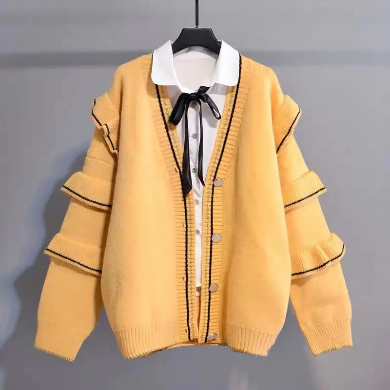 HF1973 Yellow H. SA зима свитер кардиганы для женщин с оборками рукав однобортный модная одежда зимняя длинная куртка пальто Mujer - Цвет: HF1973 Yellow