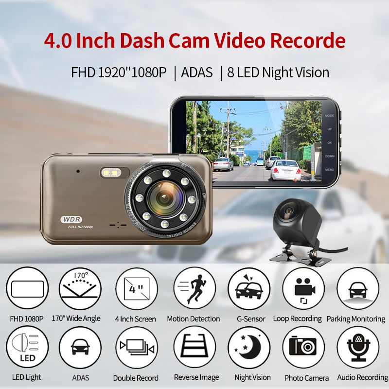 Автомобильный видеорегистратор с двумя объективами 4 0 дюйма FHD 1080P ночное видение