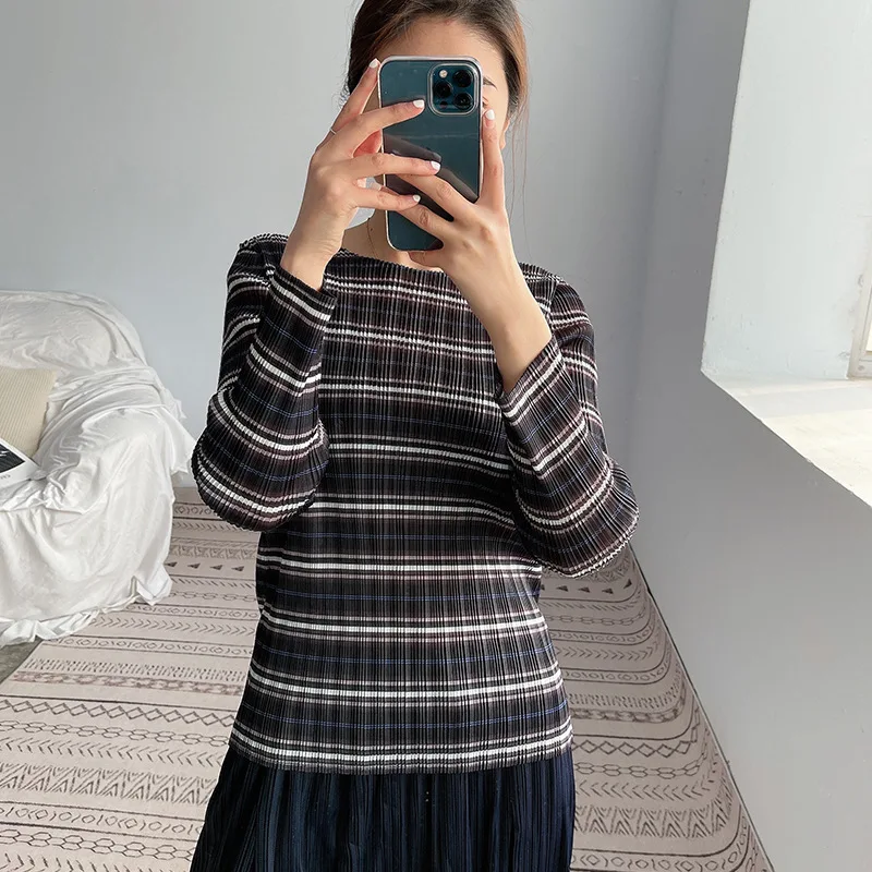 

TVVOVVIN Spring New O-neck Pleated Top Simple Striped Long Sleeve Slim All-match Stretch T-shirt For Women E4EB