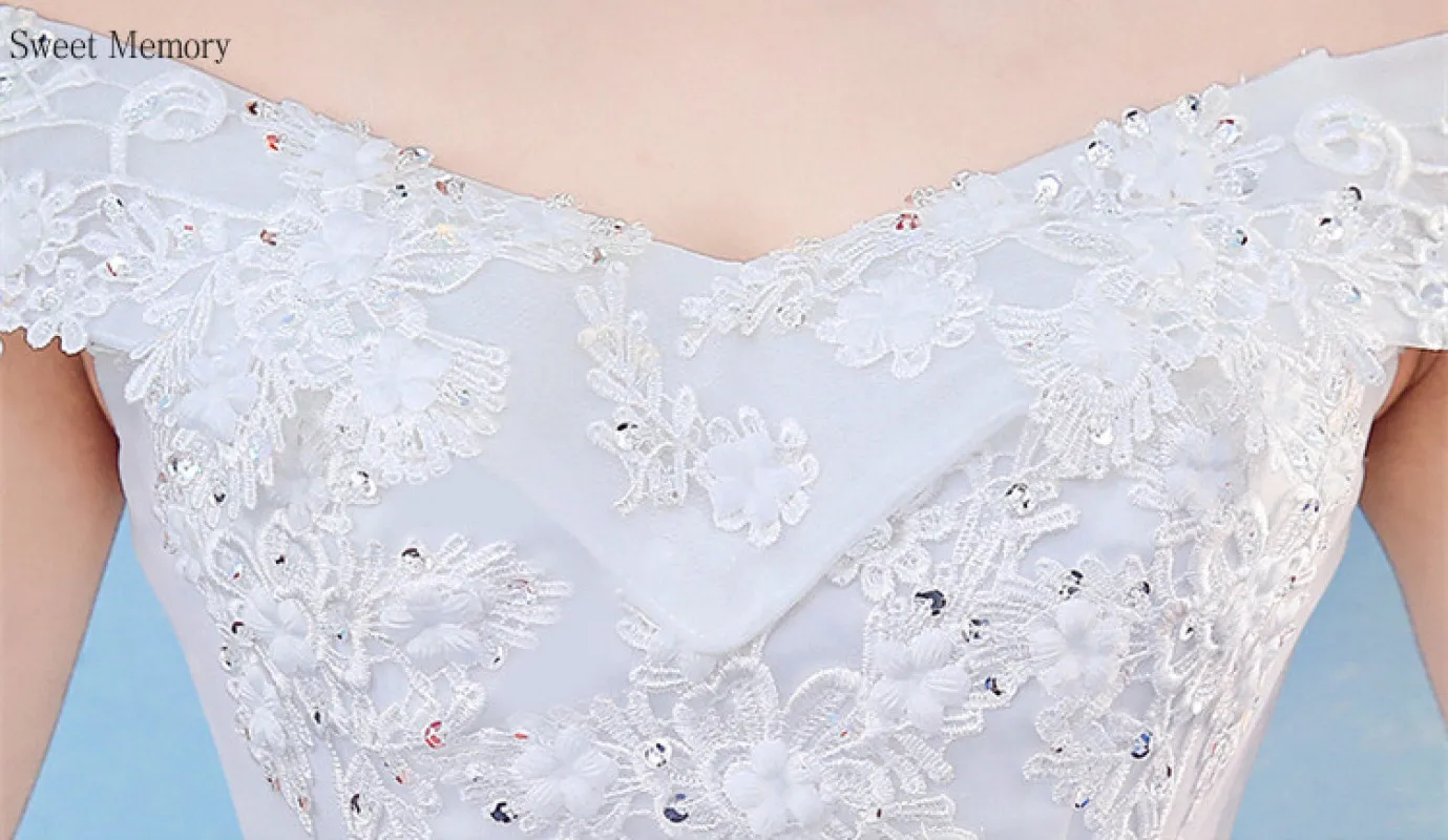 

2021 Boat Neck Bride Wedding Dresses Sweet Memory Formal Ball Gown Long White Dress Lace Up Luxury Sequins Women Party Vestidos
