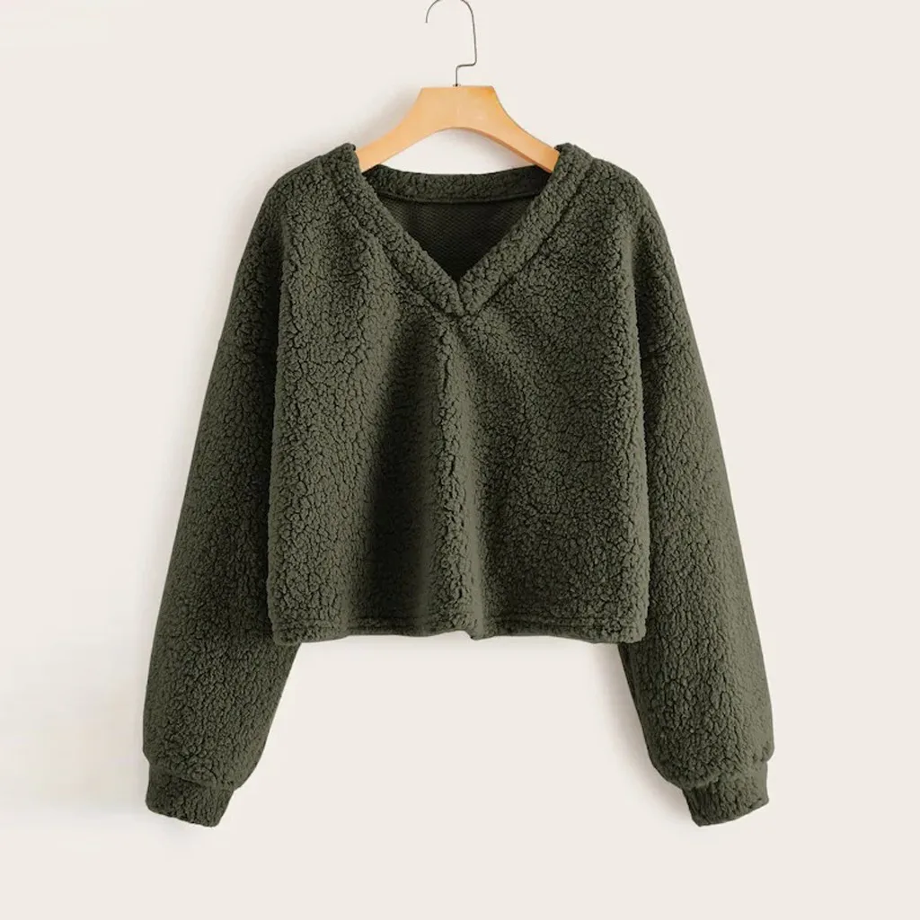 Kawaii moletom feminino sudadera mujer Модный свитшот Женский Повседневный свободный длинный рукав однотонный свитшот с v-образным вырезом