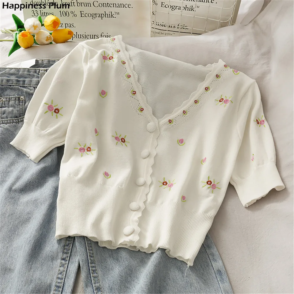 

Korean Fashion Retro Sweet Embroidered Flowers Knitted Cardigan Female V-neck Short Slim Slimming Sweater