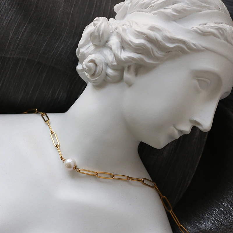 

Dainty 18k Gold Plated Link Chain Stainless Steel Freshwater Pearl Necklace for Women