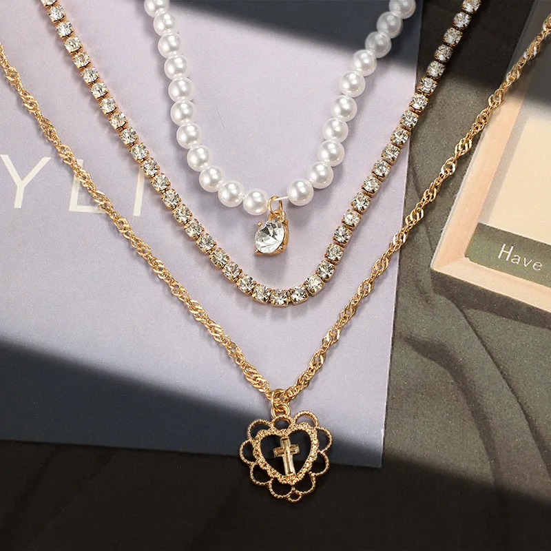 Стразы кулон крест с сердцем ожерелье для женщин элегантные многослойные