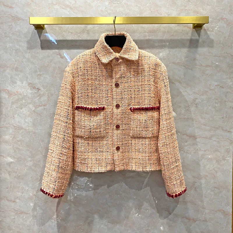 

Autumn 2021 Spring New Designer women's High quality 100%Silk lining pockets tweed coat B359