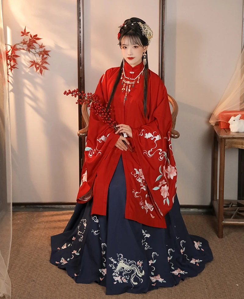 

Begonia hanfu dress women Chinese traditional hanfu Ming collar stand pleated skirt heavy industry embroidery horse face skirt