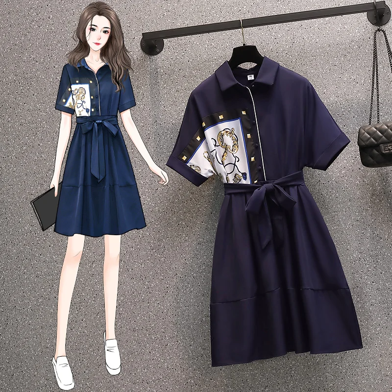 

L-4XL Plus Size Women Belt Bow Shirt Dress Summer 2021 Single Breasted Turn-down Collar Short Sleeve Print Patchwork Loose Dress