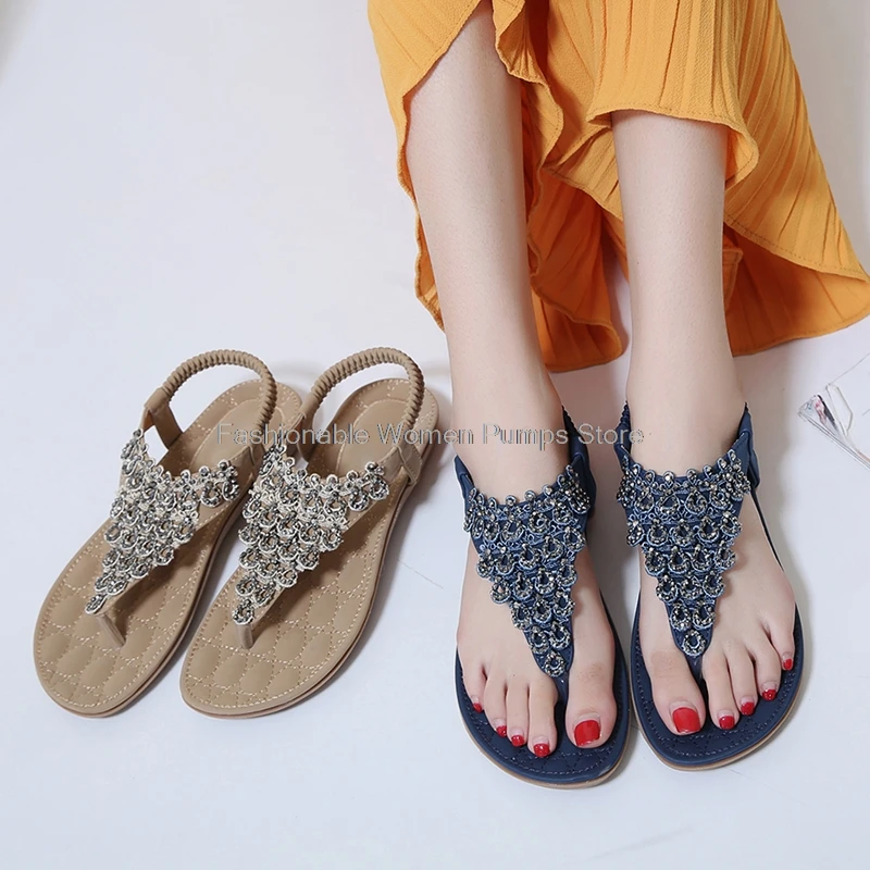

New 2021 Summer Sandals Women Rivet Decro Bohemian Beach Shoes Large Size 35-42 Elastic Flat Shoes Female sandalias Flip Flops