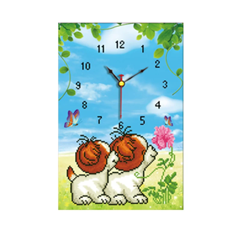 

Diy 5d Sale Diamond Embroidery Diamond Mosaic Two Little Cartoon Puppies Wall Clock, Diamond Painting, Cross Stitch