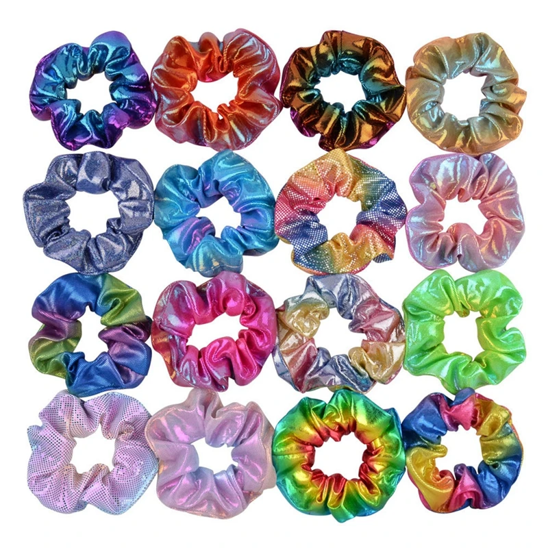 

Girls Hair Scrunchy Rainbow Shiny Color Mix Color Elastic Hair Tie Band Ponytail Holder