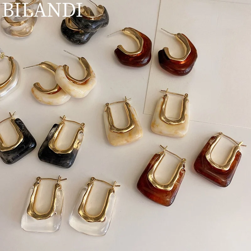 

Bilandi New FashionTransparent Resin Hoop Earrings For Women Girls Irregular Geometric Metal Acrylic Earrings Party Jewelry Gift