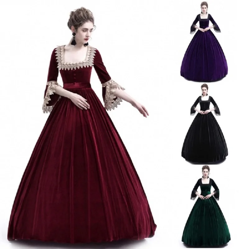 

Medieval Square Collar Maxi Dress Women Vintage Velvet Theatrical Victorian Dress Slim Button Lace Renaissance Gown S-2XL