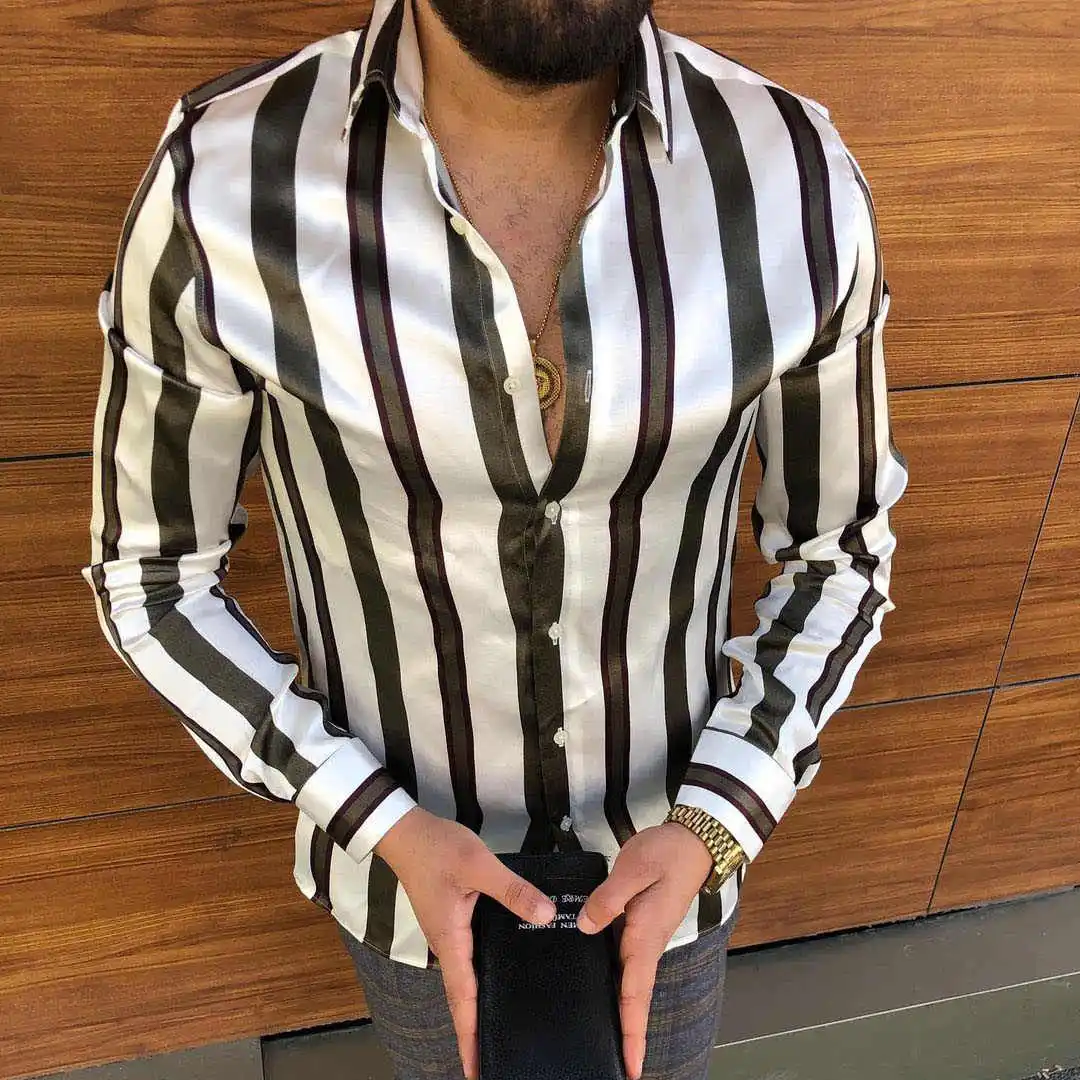 Men's Striped Casual Shirts Streetwear Slim Fit Black White Long Sleeve Shirt Tops Men Autumn Silk Satin Digital Printed Blouse