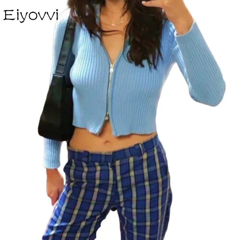 Весенний сексуальный вязаный кардиган на молнии с отворотом и длинным рукавом