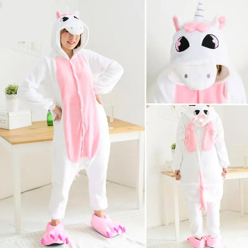Pink Unicorn FL Пижамы для взрослых, Женские Фланелевые пижамы, кигуруми, единорог, Ститч, тигр, Тоторо, Мультяшные животные, пижамные комплекты, пижамы с капюшоном - Цвет: Pink Unicorn FL