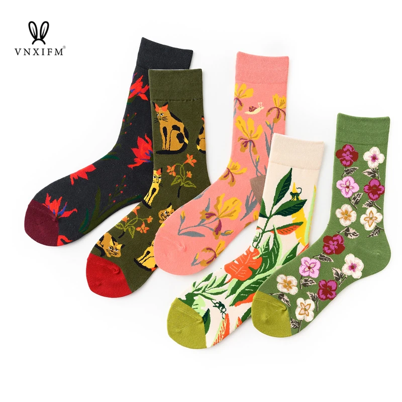 new Women Socks Funny Cute Cartoon snails, playful monkeys,proud cats, green tea flowers, cocks flower Harajuku skateboard Socks